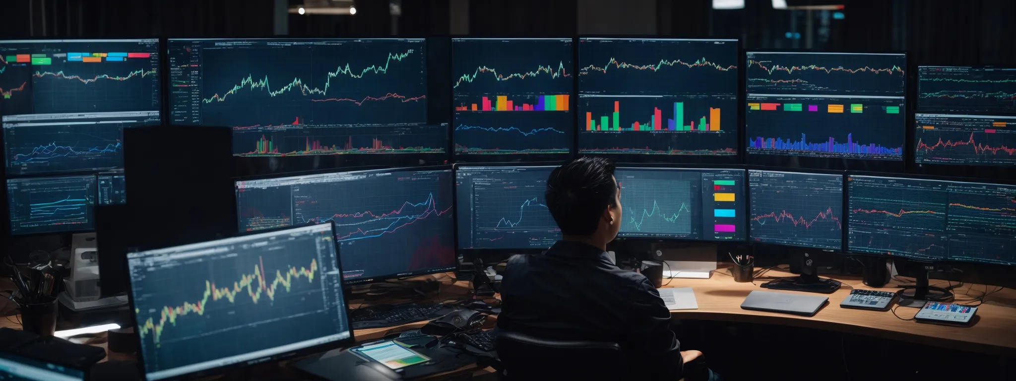 a person sits at a desk with multiple screens displaying colorful analytics and graphs of seo data, engaging in research.