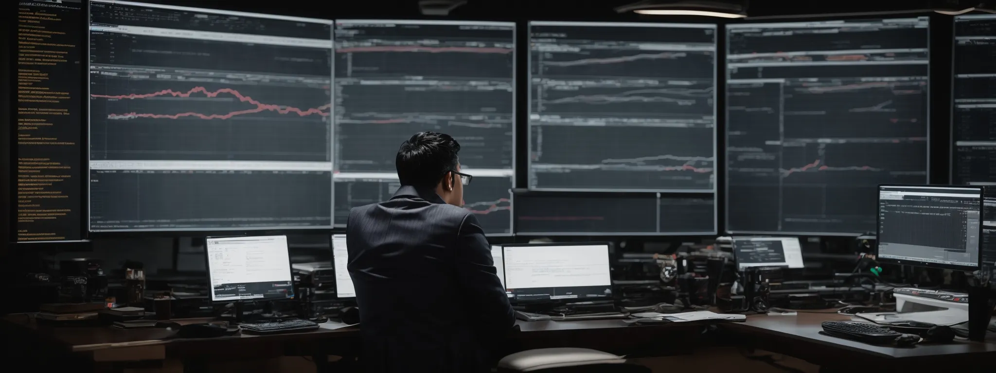 a dedicated seo specialist sits before a dual-monitor setup, scrutinizing a sprawling spreadsheet of website links.