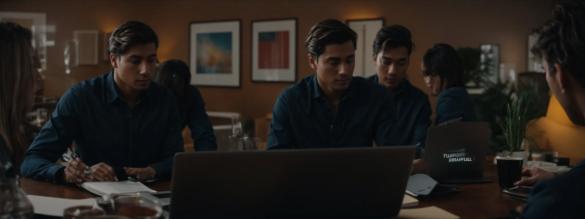 a team seated around a laptop, discussing strategies amid marketing reports and digital devices.
