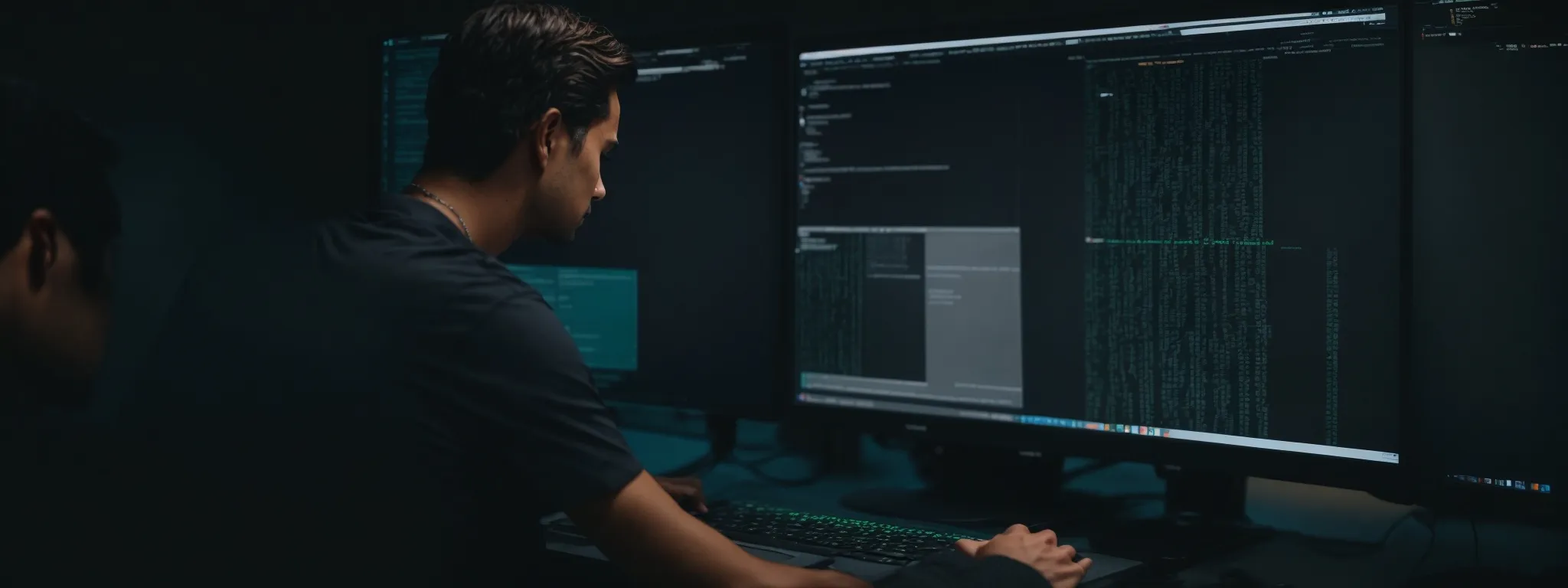 a web developer attentively tweaks a website's html code on a computer screen displaying the front-end and back-end simultaneously.