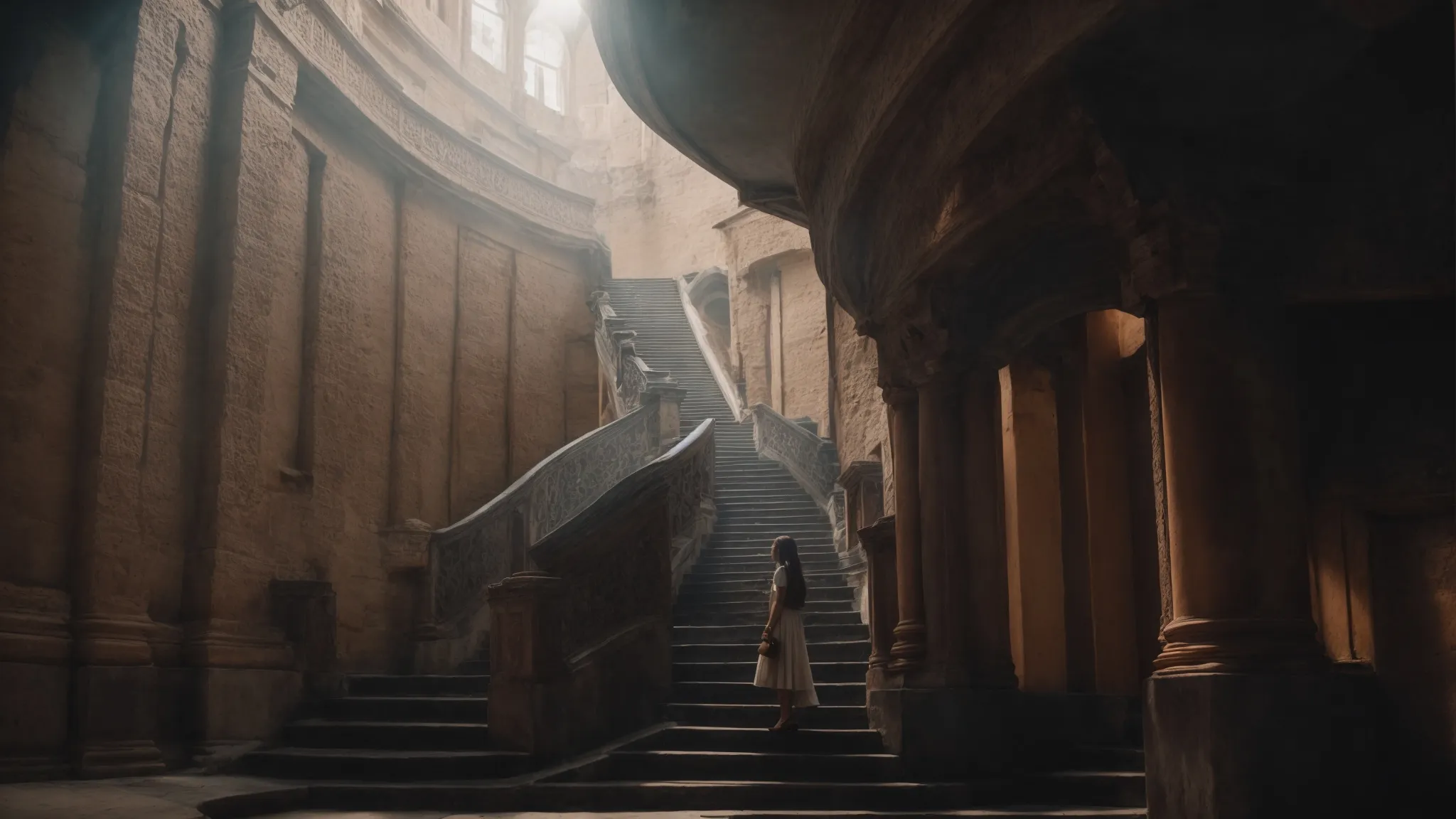 a person staring at a towering, endless staircase representing the monumental and often unrealistic climb towards seo success. 