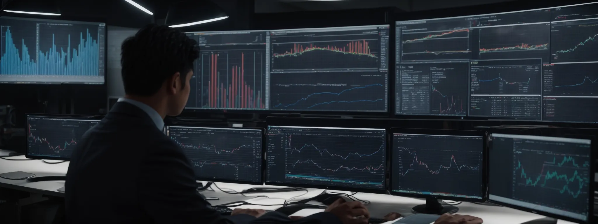 A person sits at a desk in front of multiple monitors displaying financial charts, graphs, and market data in a dimly lit office.