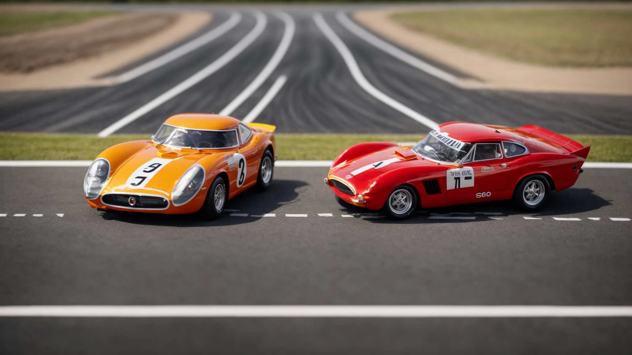 two toy cars at a starting line on a race track, each labeled with "seo" and "ppc."