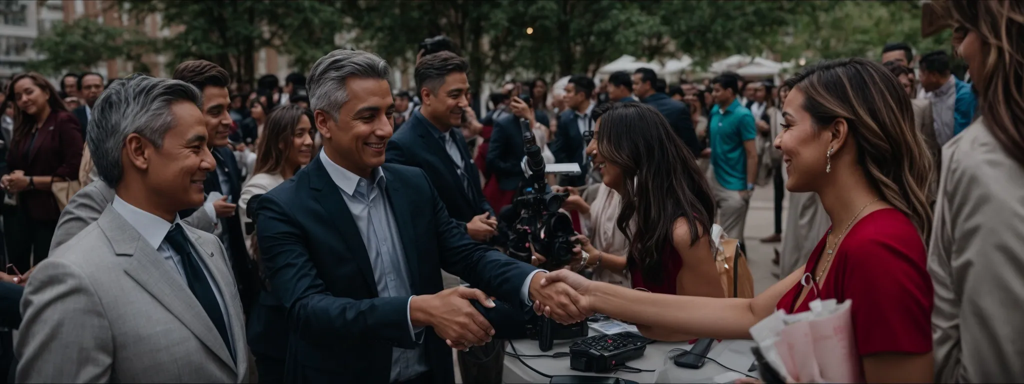 a pr specialist shakes hands with a journalist at a product launch event.