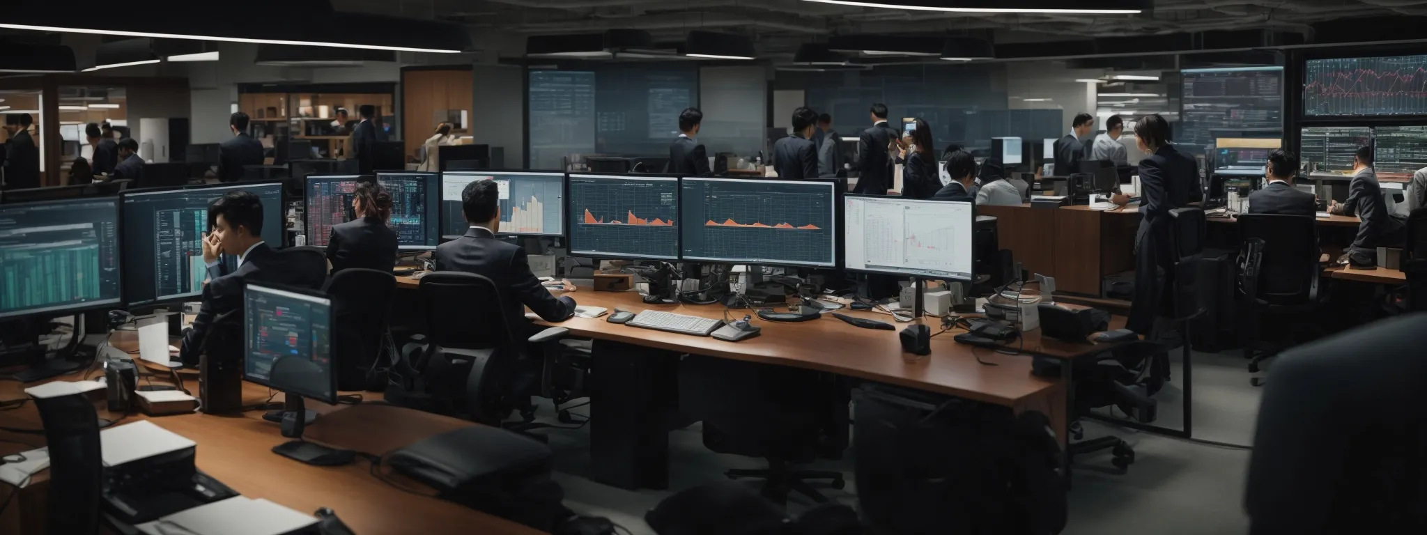 a bustling office environment where a diverse team engages collaboratively on their computers, strategizing over a large screen displaying colorful analytics graphs.