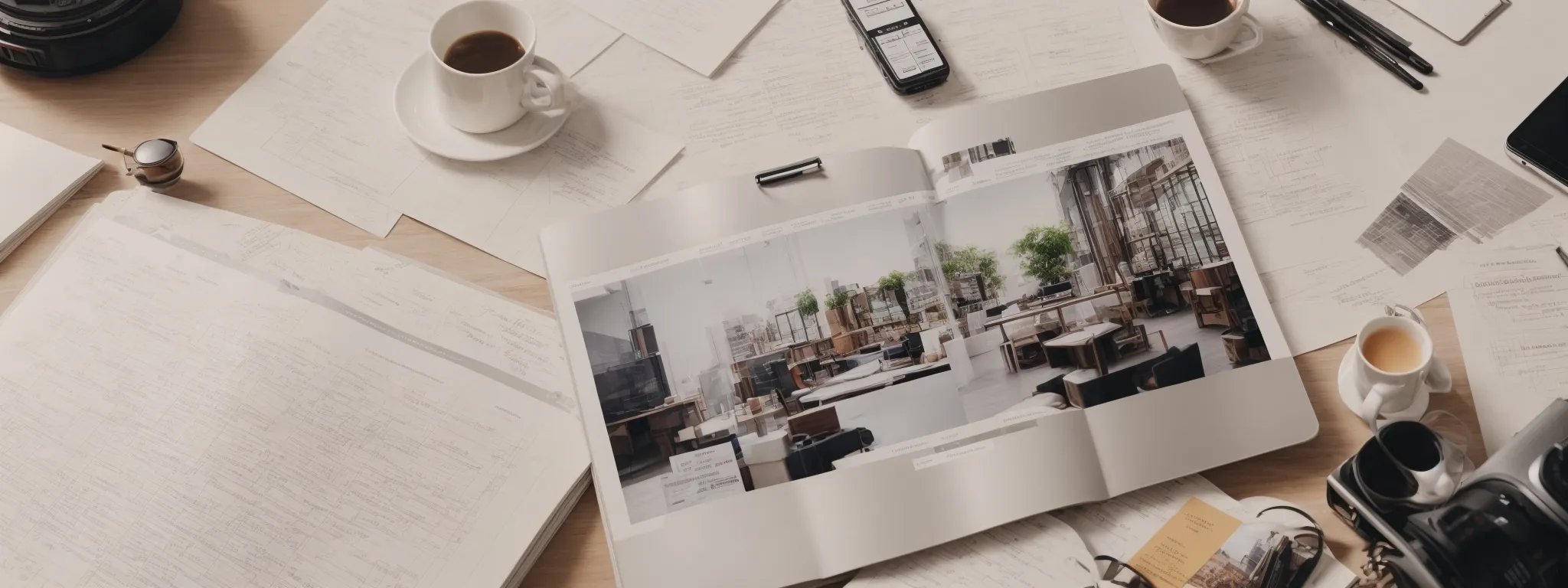 a desktop with an open laptop displaying a neat, well-organized website layout while surrounded by notes and design sketches.