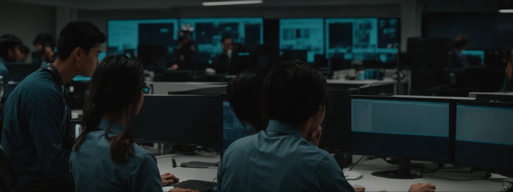 a group of engineers working intently on computers in a high-tech digital media office.