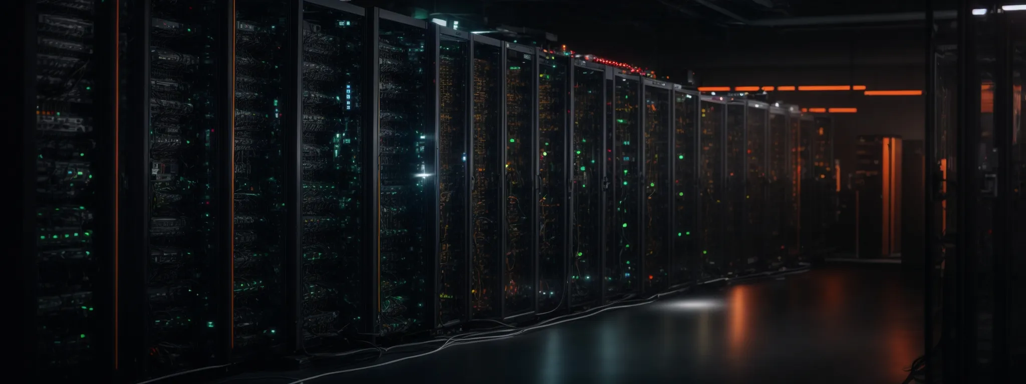 a server room with rows of high-speed networking equipment and flashing lights indicating active data processing.