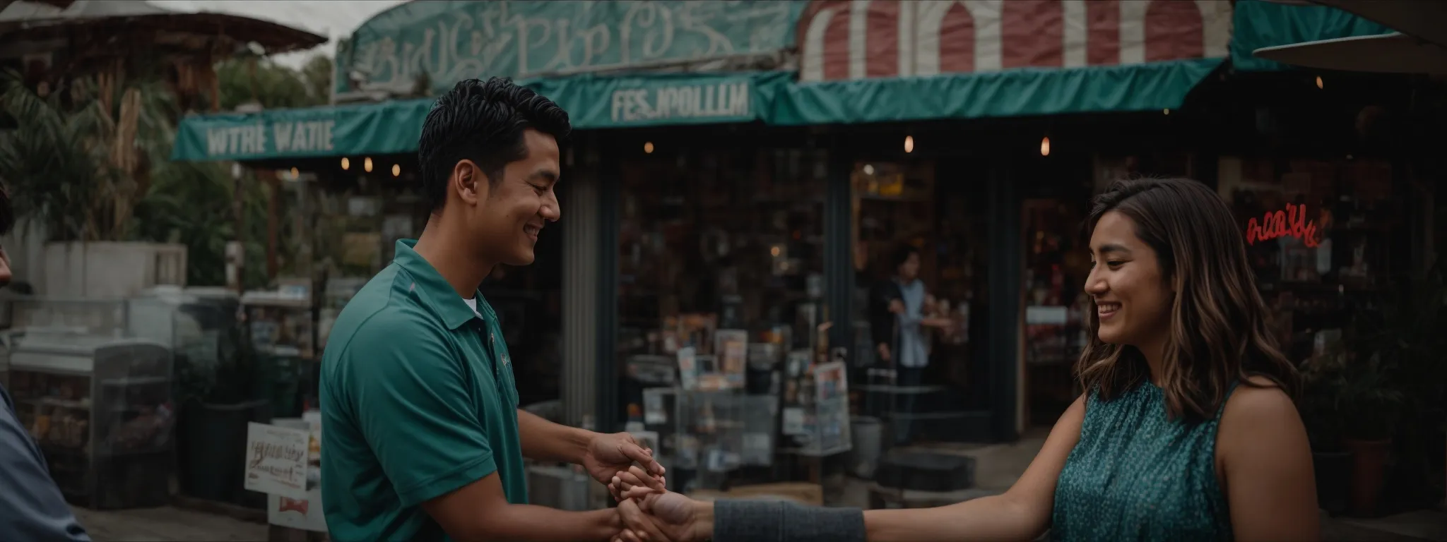 two local store owners shaking hands in front of their establishments with a shared promotional sign.