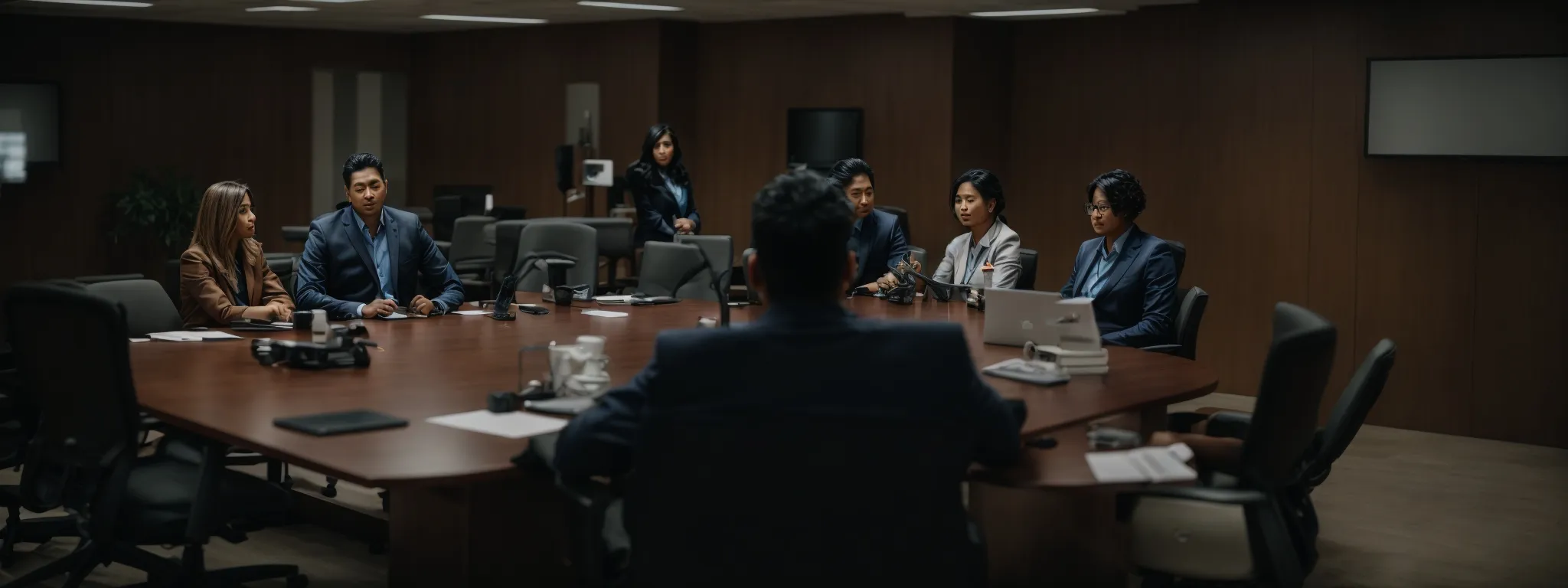 a group of professionals sits around a conference table, actively engaging in a team-building workshop with a focus on customer retention strategies.