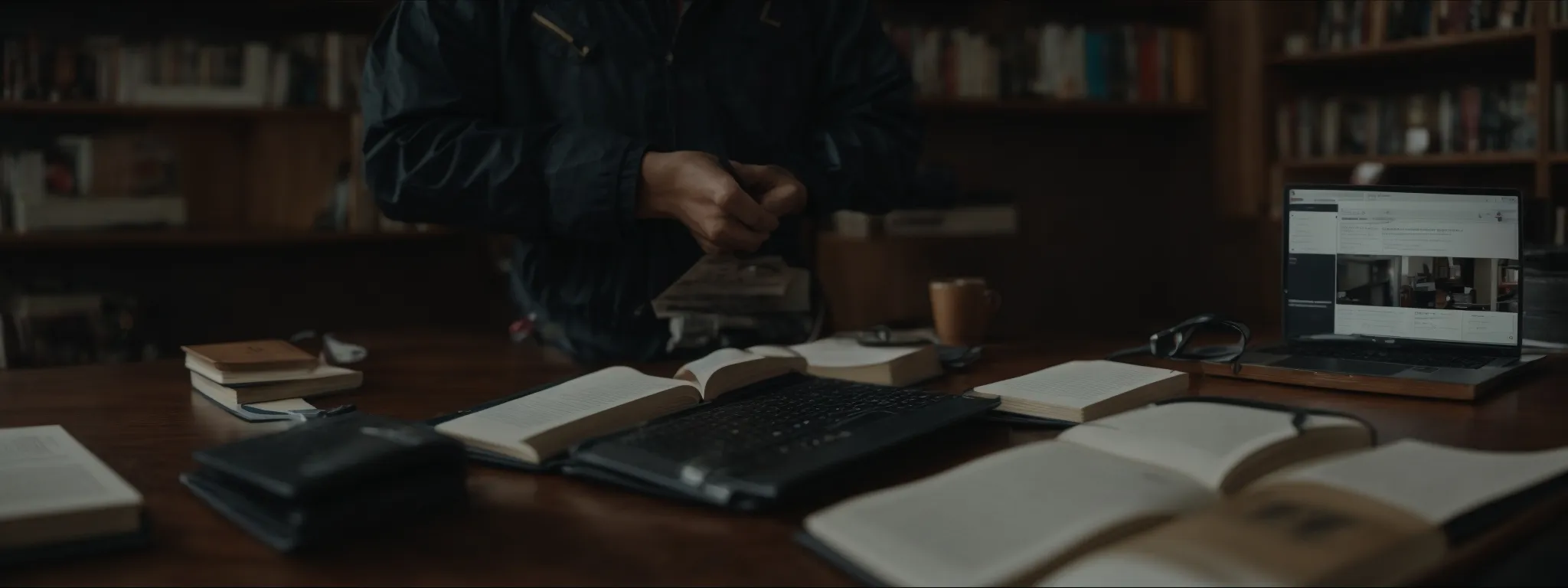 a person at a computer conducting online research, surrounded by books and a notepad, symbolizing strategic content curation.