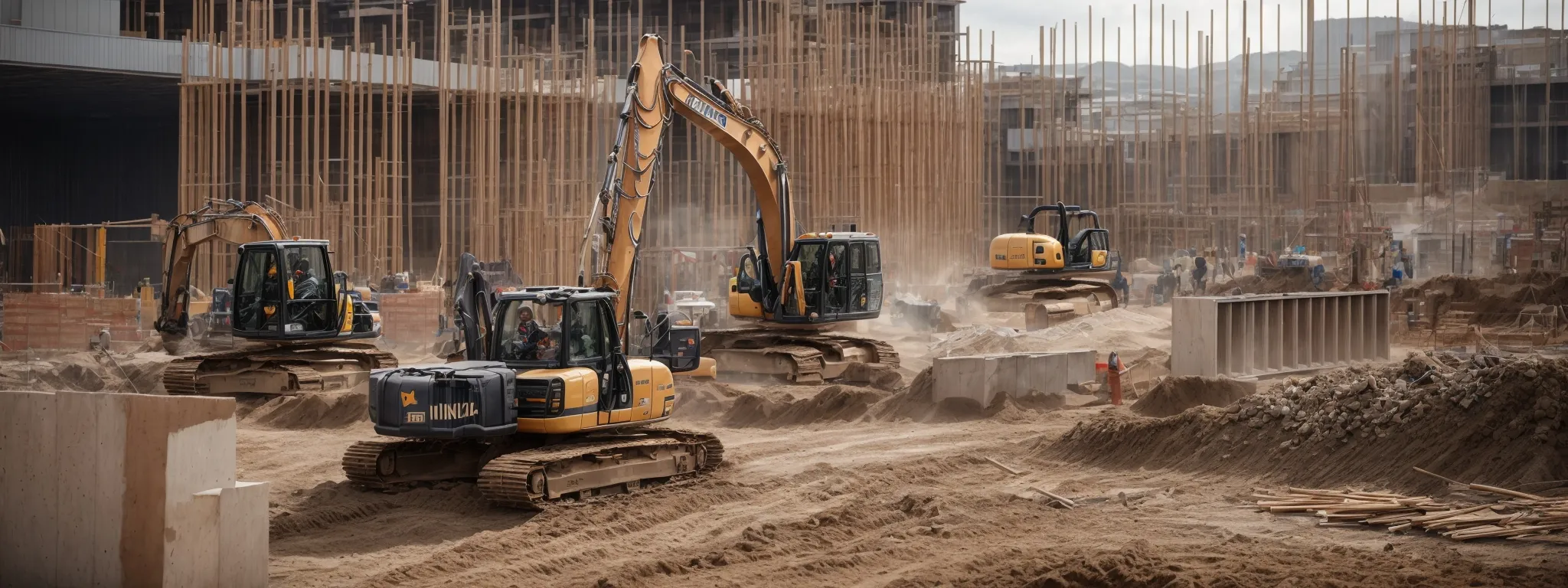 a construction site with builders collaborating on a structure, embodying teamwork in the digital realm of link building.
