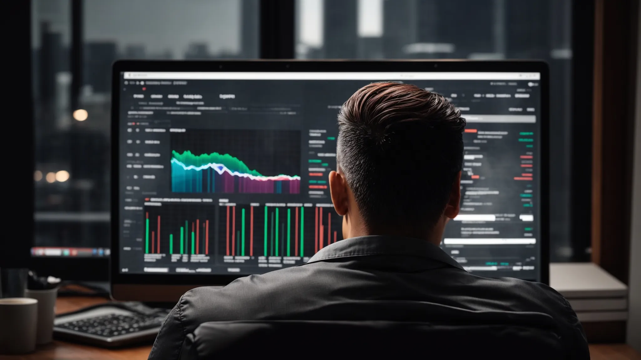 a person sitting in front of a laptop with chrome browser open reflecting various seo analytics graphs on the screen.