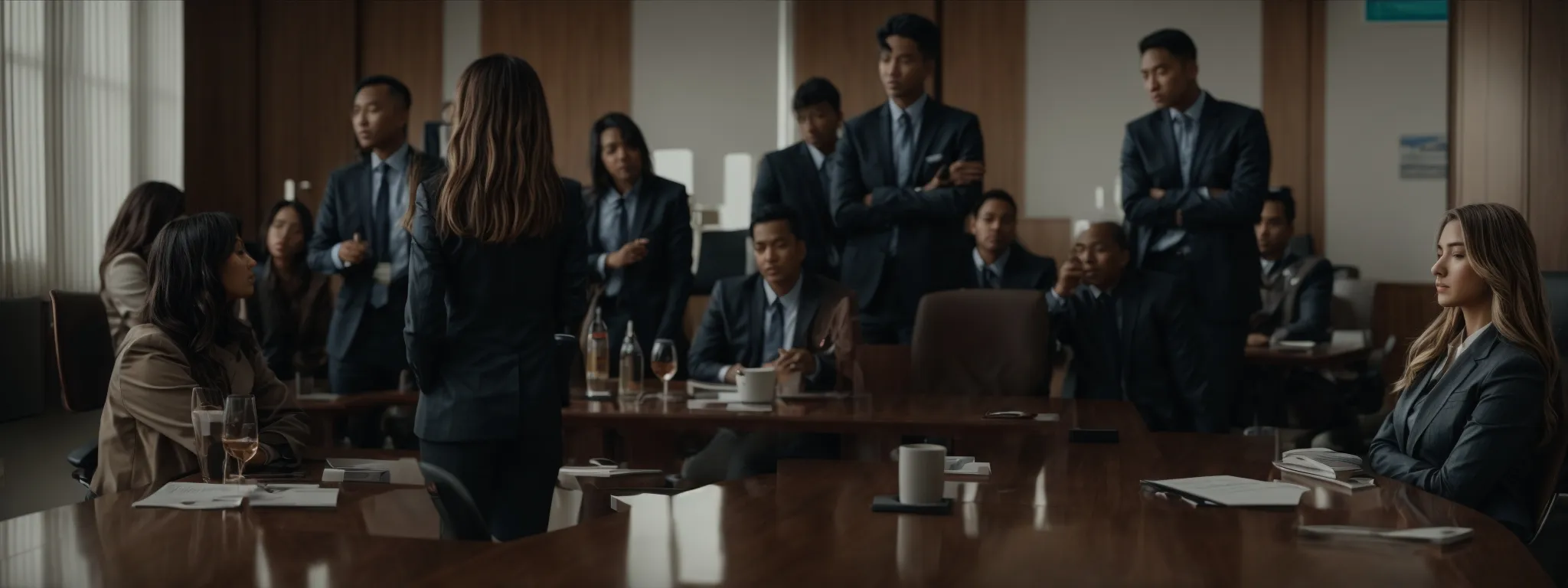 a group of professionals gather around a conference table actively engaged in a dynamic discussion.