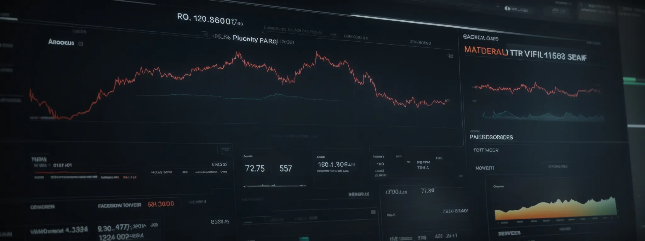 Dark-themed dashboard interface displaying financial data, line graphs, and analytics with red and orange trend lines.