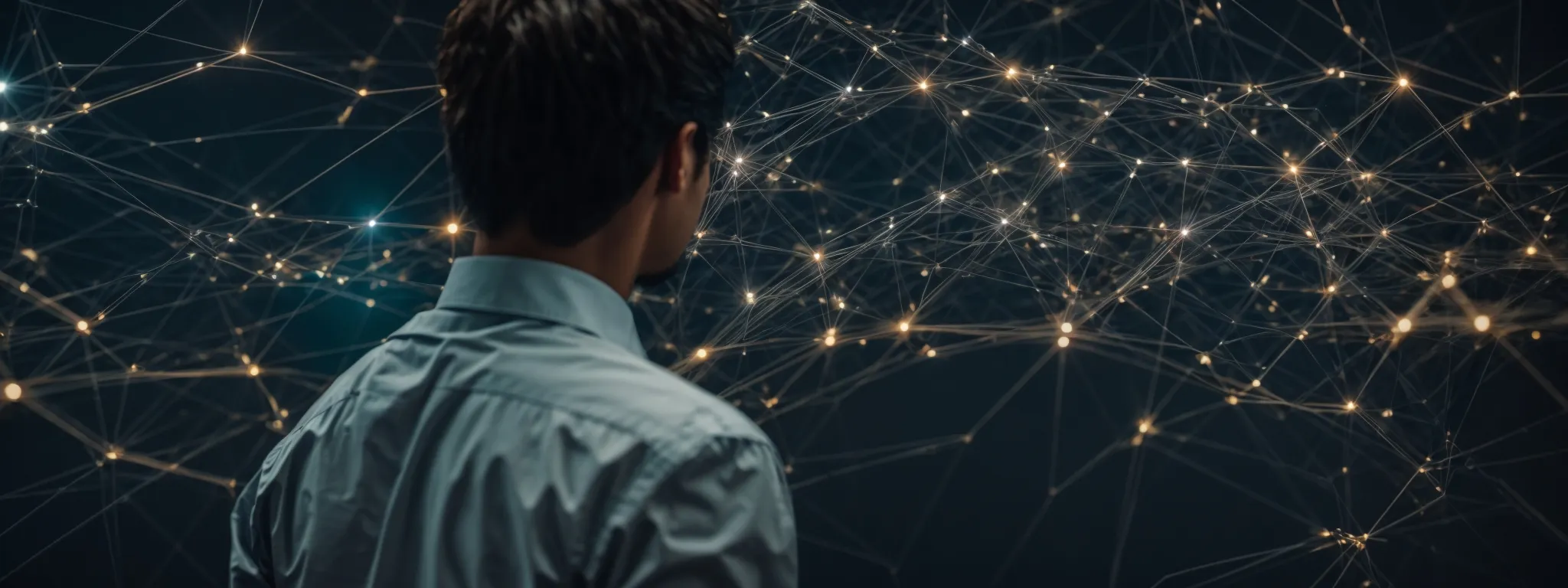 A man in a dress shirt stands facing a digital network of glowing interconnected nodes, symbolizing data connections or artificial intelligence.