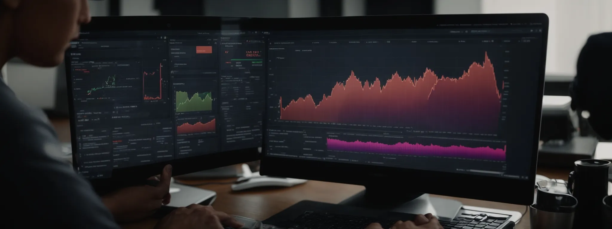 a professional working diligently on a laptop, displaying a vivid analytical dashboard on the screen, signifying the importance of seo tools.