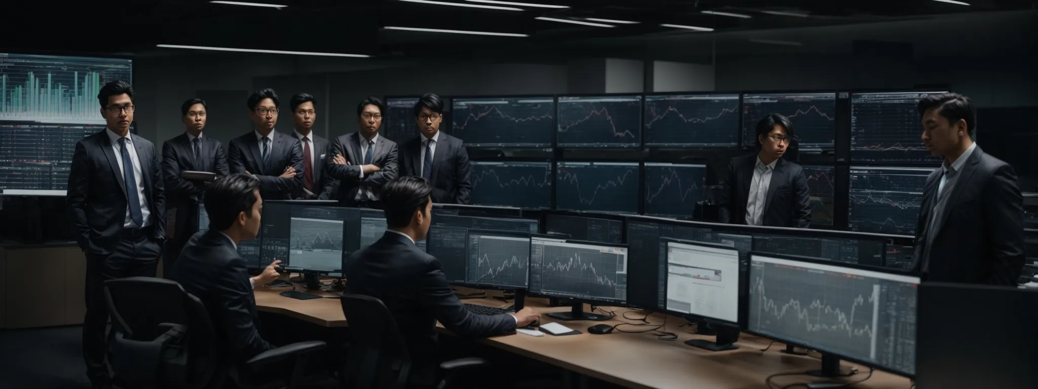 a group of professionals intently observing complex analytics dashboards on large monitors in a modern office setting.
