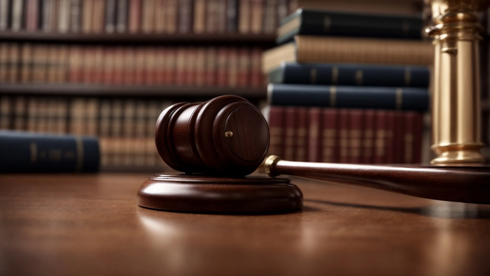 a close-up of a gavel on a desk with a blurred background of law books.