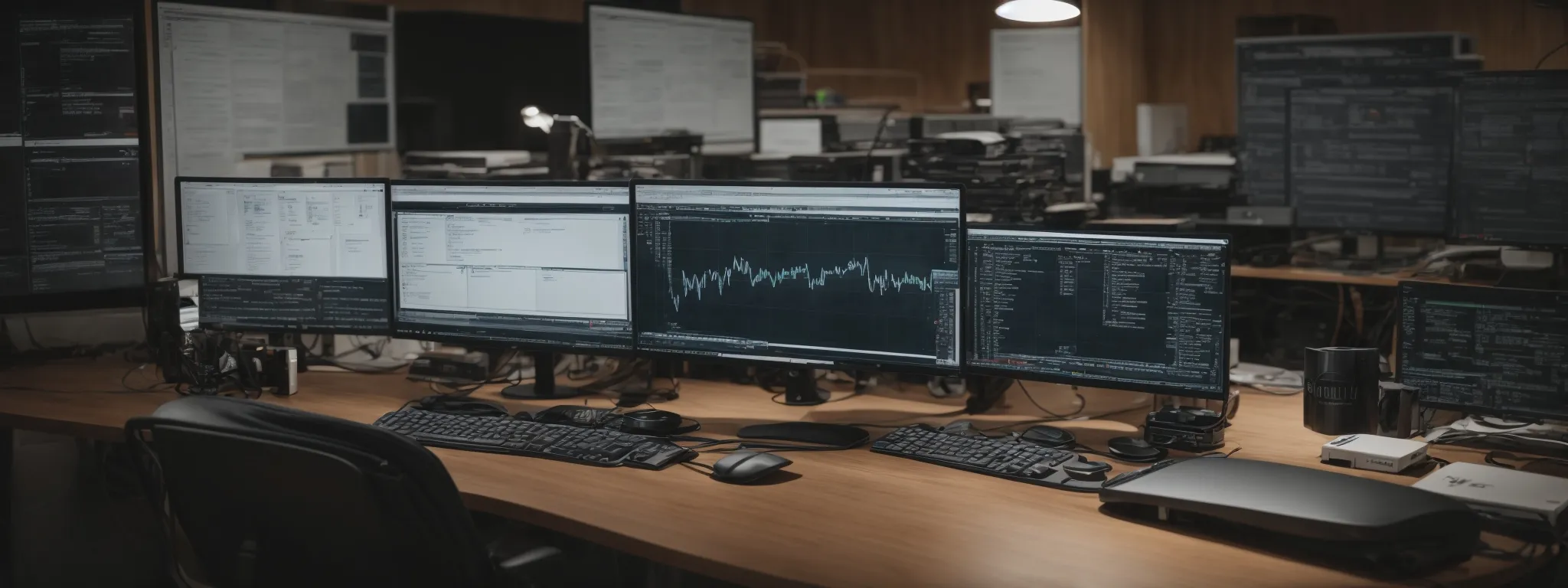 a programmer sits before a dual-monitor workstation surrounded by flowcharts and diagrams that outline an seo strategy.