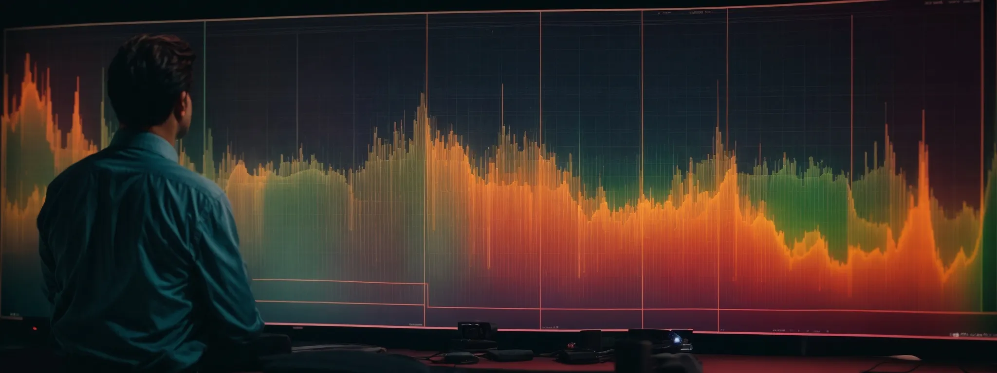 an analyst reviews a vibrant heatmap on a large monitor, illustrating website user behavior patterns.