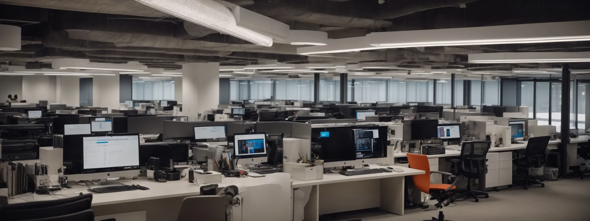 a modern office space filled with computers where digital marketers strategize their email campaigns.