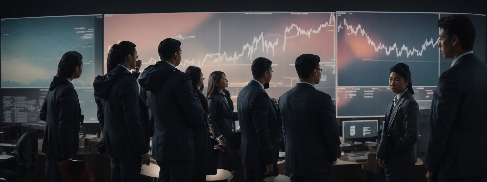 a group of marketers gathered around a large screen displaying fluctuating graph lines and pie charts, analyzing digital campaign data.