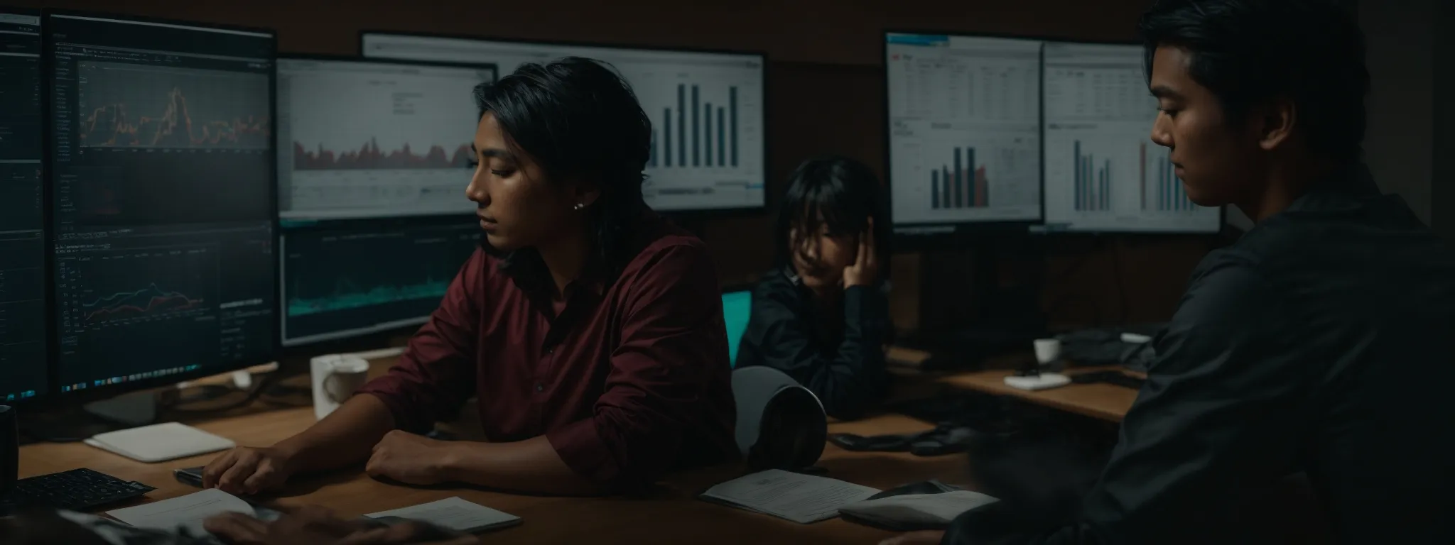 a mentor and mentee sit side by side in front of a computer screen, discussing strategies over a website analytics dashboard.
