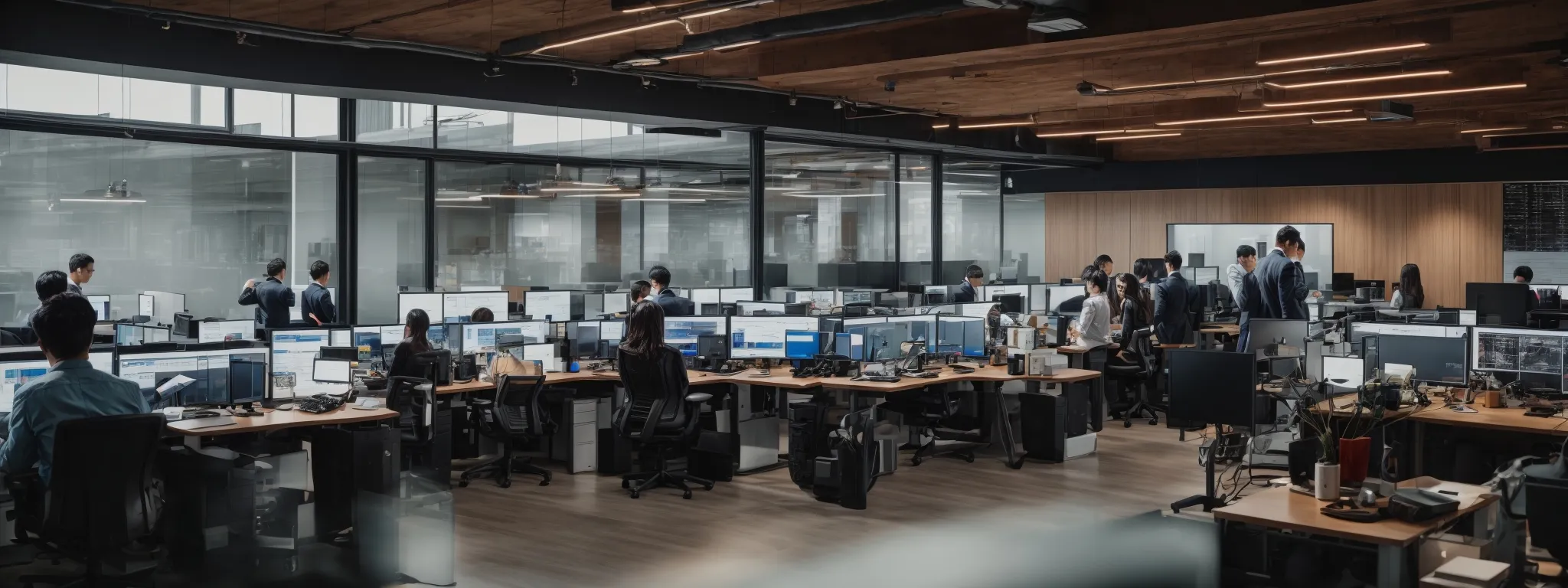 a panoramic view of a modern office with computer monitors displaying website analytics and seo tools, surrounded by digital marketing professionals engaged in strategizing webpage optimizations.