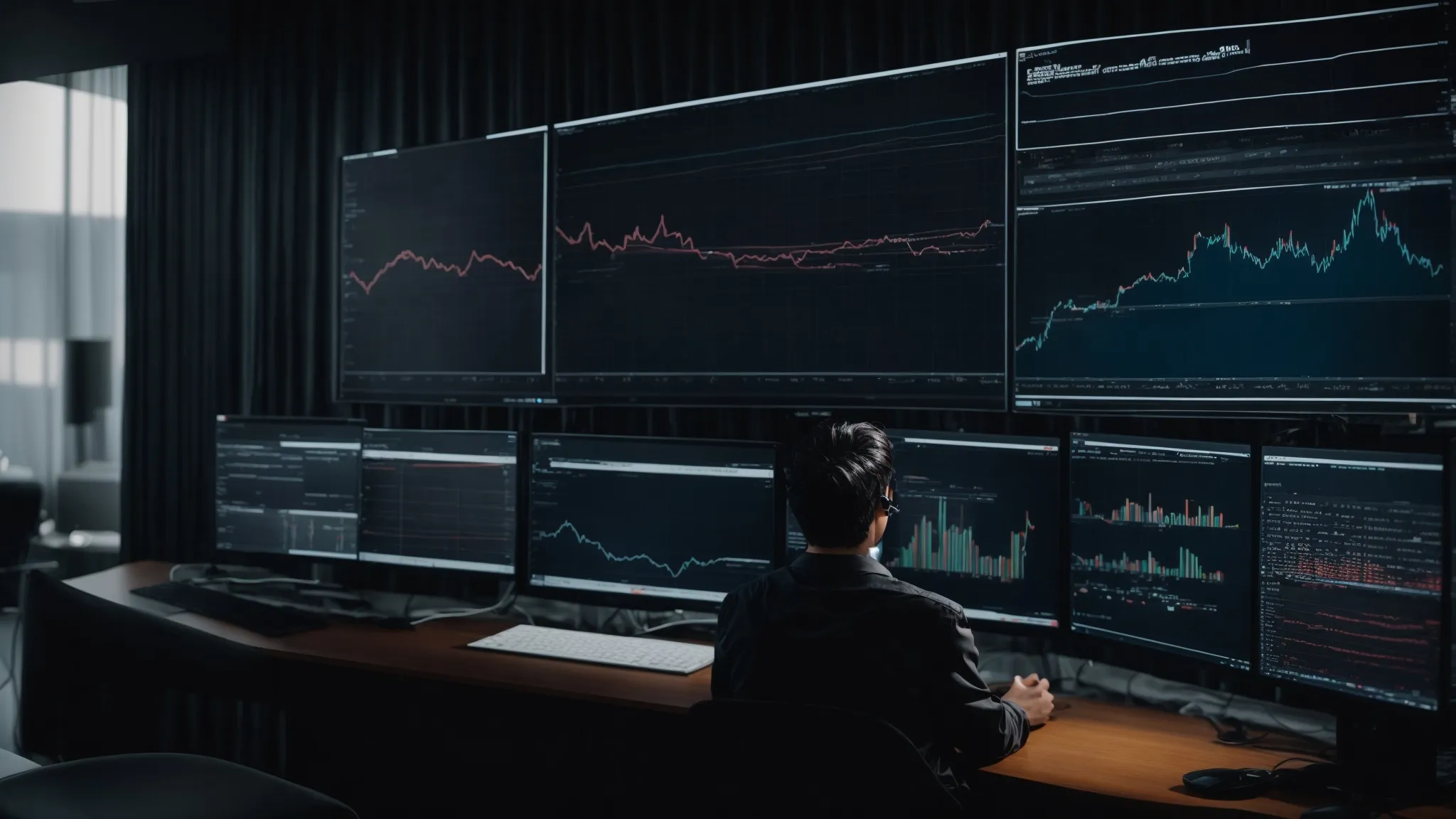 a person sitting in front of a computer screen displaying graphs and data analytics.