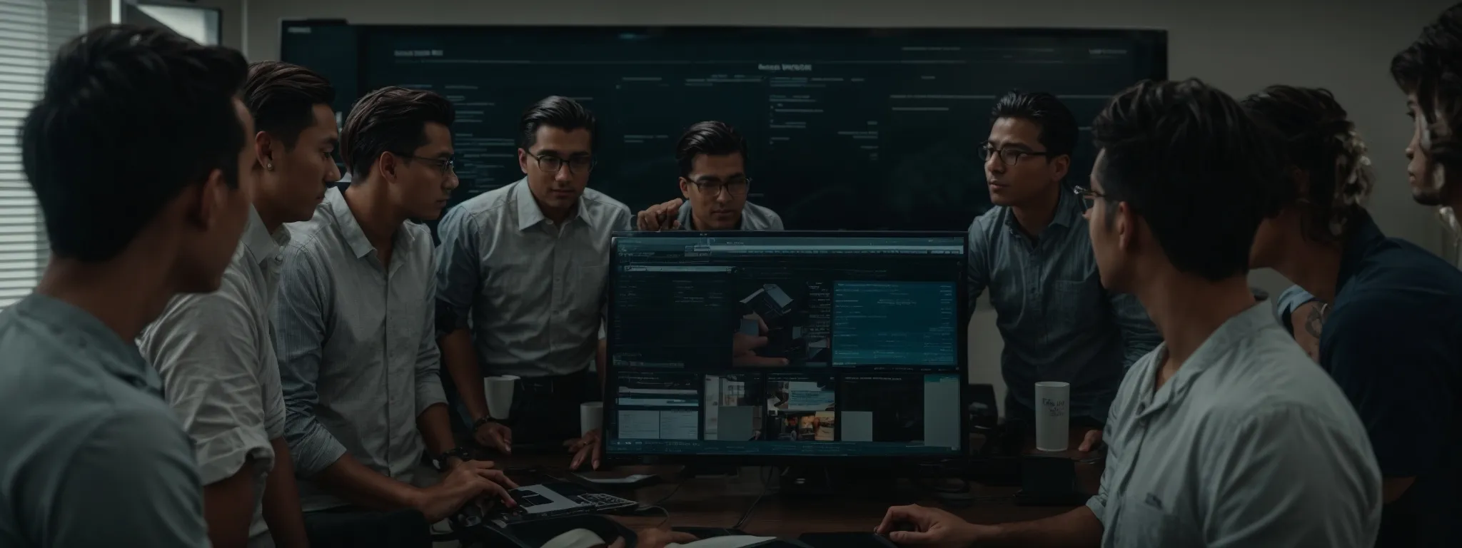 a digital marketing team gathers around a computer dashboard, strategizing their next move for enhancing web visibility.