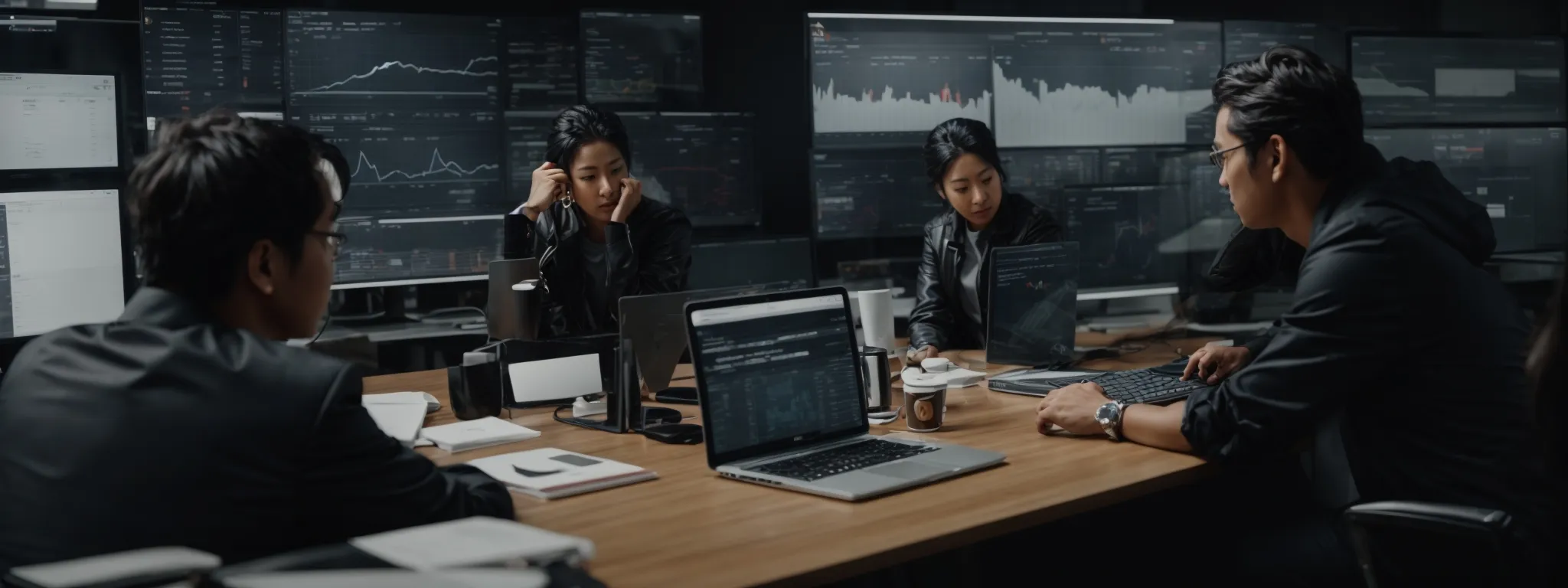 a professional digital marketing team intent on strategy before a computer dashboard displaying website analytics.