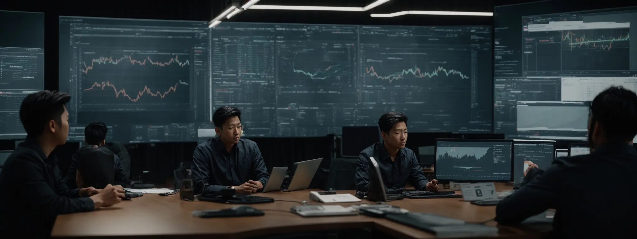a digital marketing team analyzes data on a large interactive screen to create targeted content strategies.
