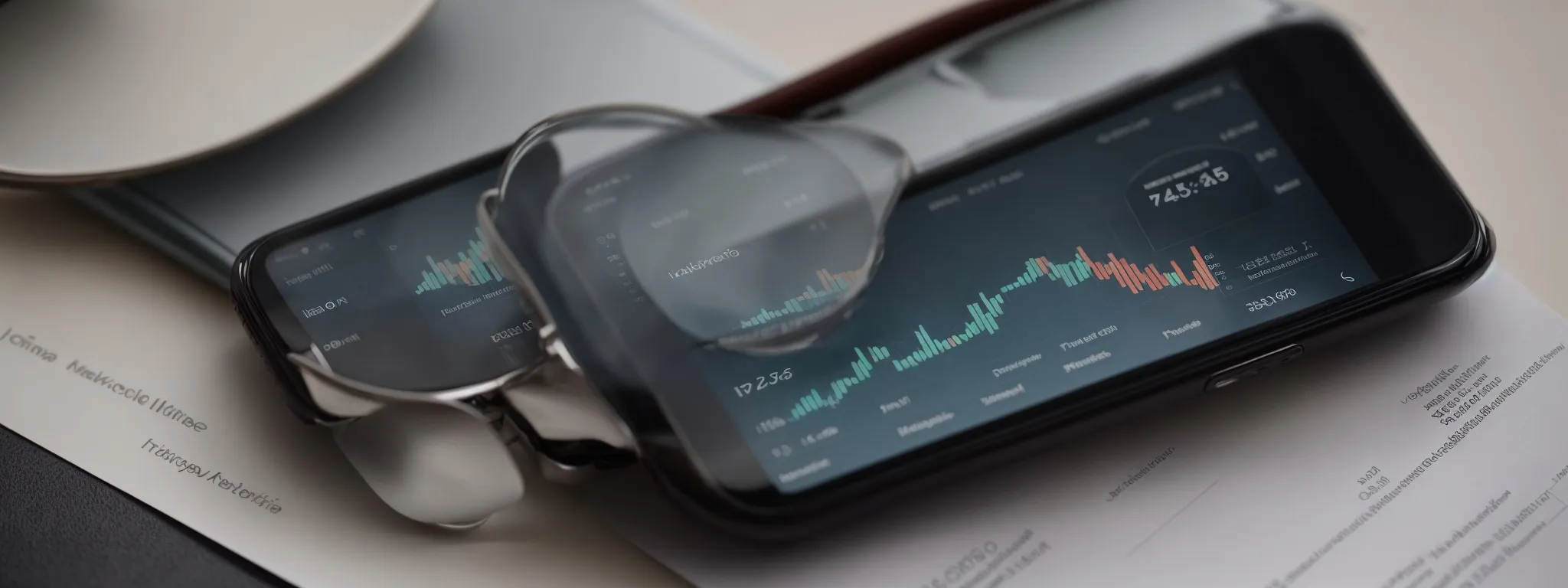 a smartphone displaying a website's analytics beside a magnifying glass on top of a digital marketing report enveloped in soft light.