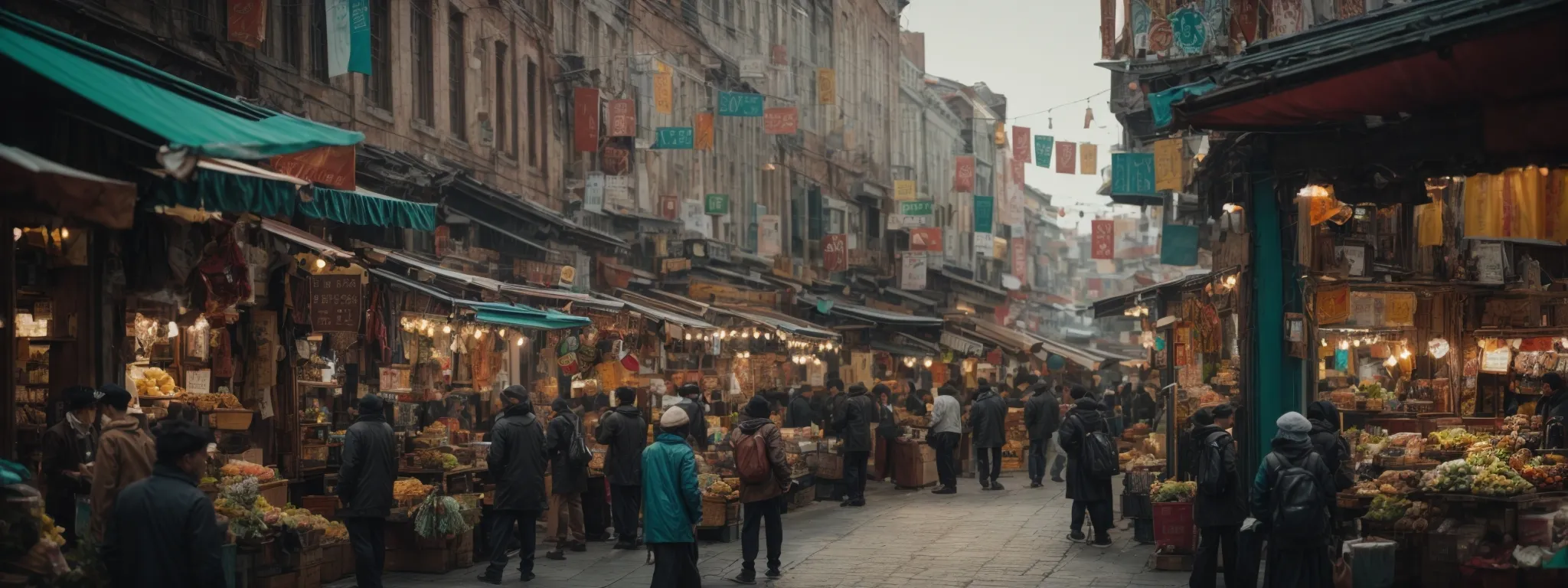 a busy digital market with a diverse array of vibrant storefronts, bustling with activity to symbolize the competitive and evolving world of shopify seo.