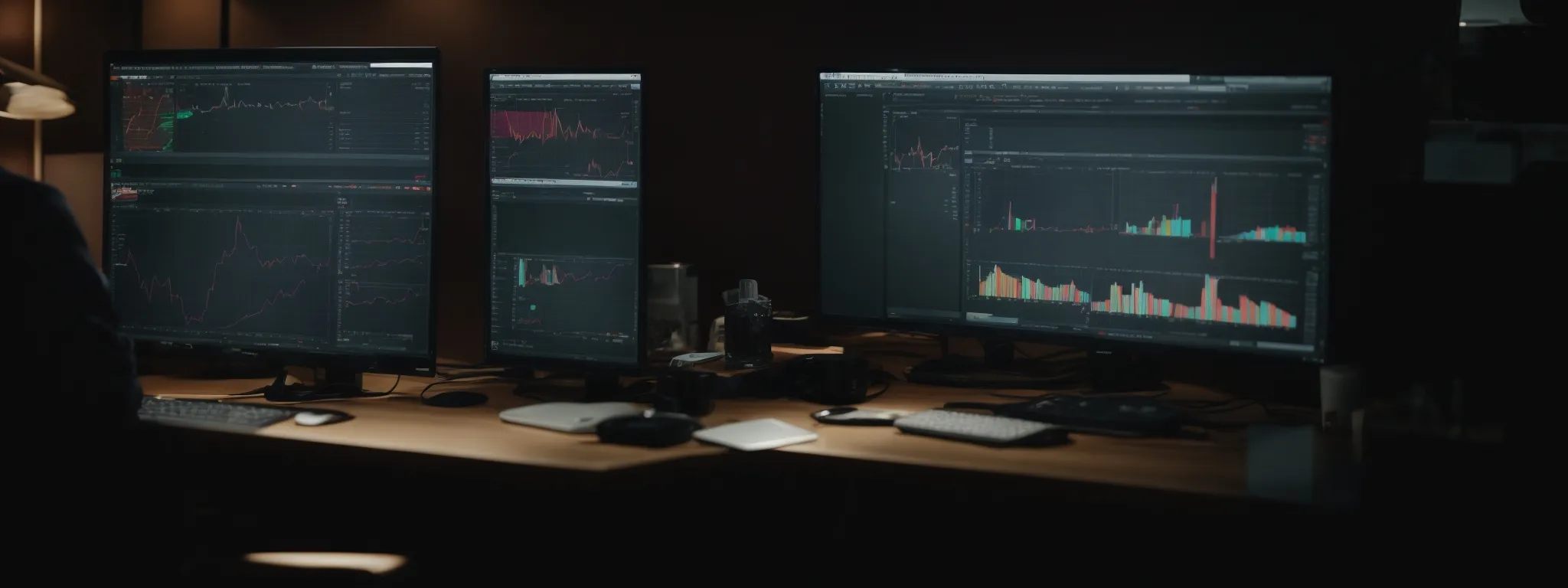 a person sitting at a desk analyzing graphs and charts on a computer screen reflecting youtube analytics.