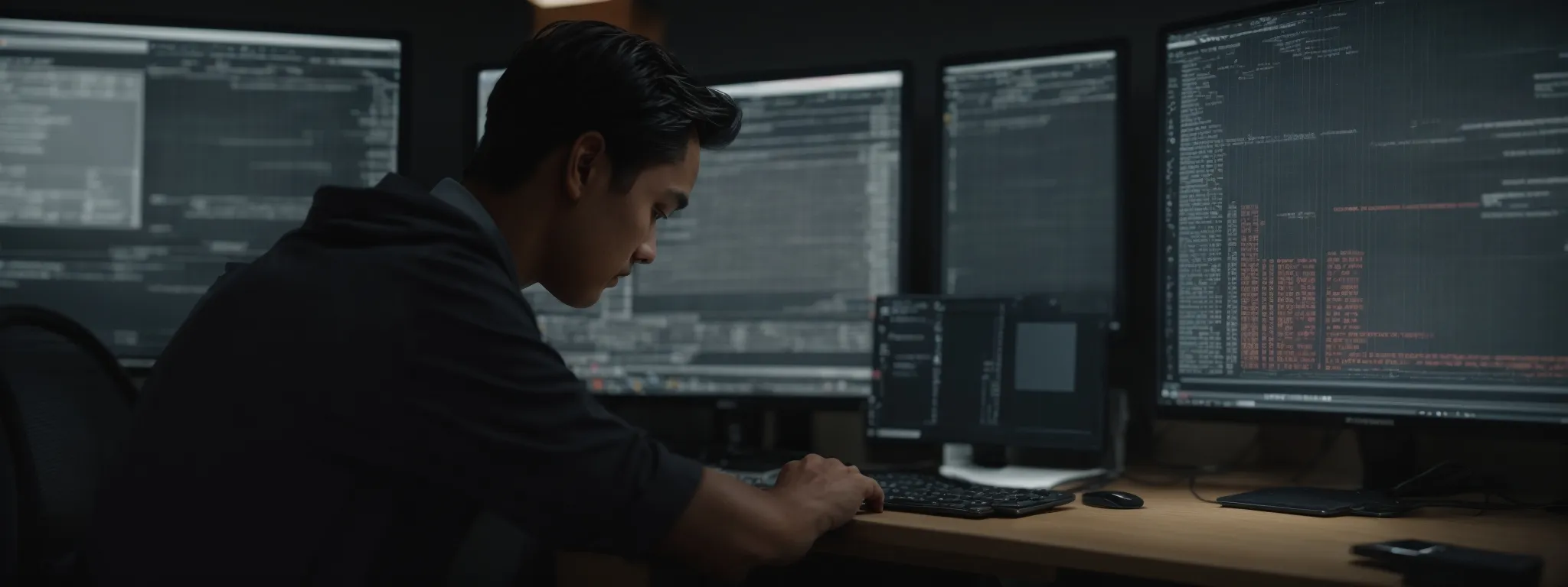 a web designer intently scrutinizes a computer screen displaying an html5 code editor amidst a modern office.