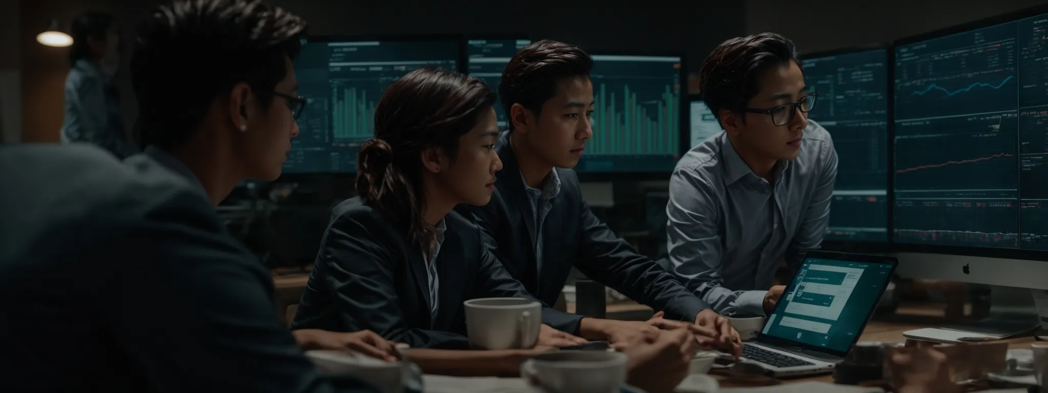 a digital marketing team discusses strategies around a computer displaying a complex seo analytics dashboard.