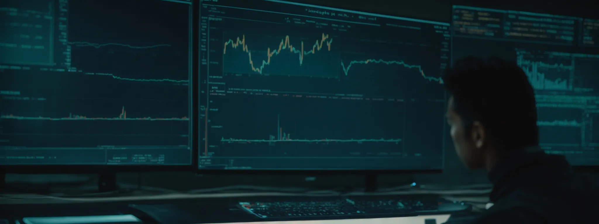 a focused individual examines a complex dashboard on a computer screen, symbolizing the analysis and refinement of seo strategies.