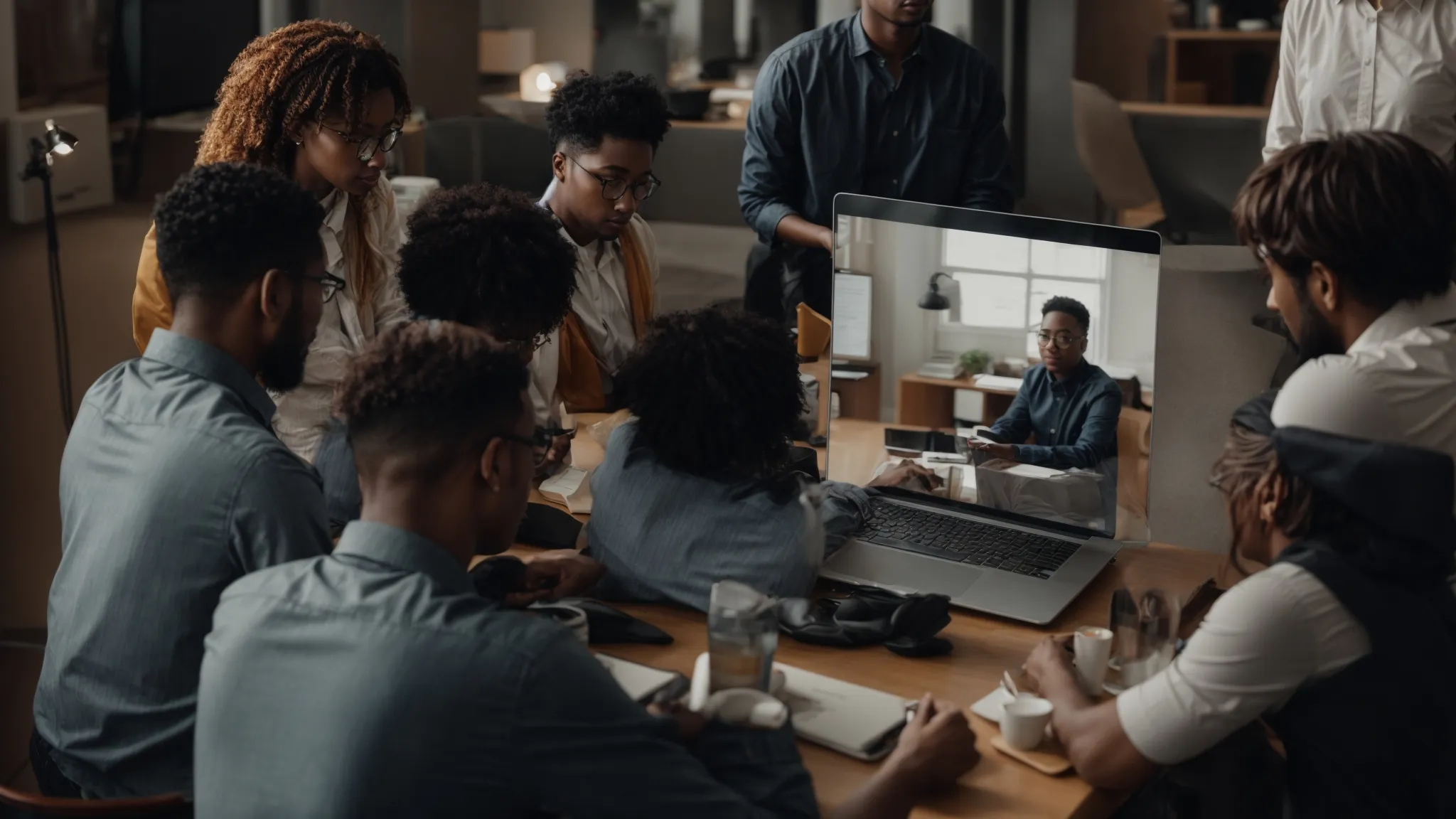 a dynamic team huddles around a laptop, strategizing a marketing campaign in an office setting.