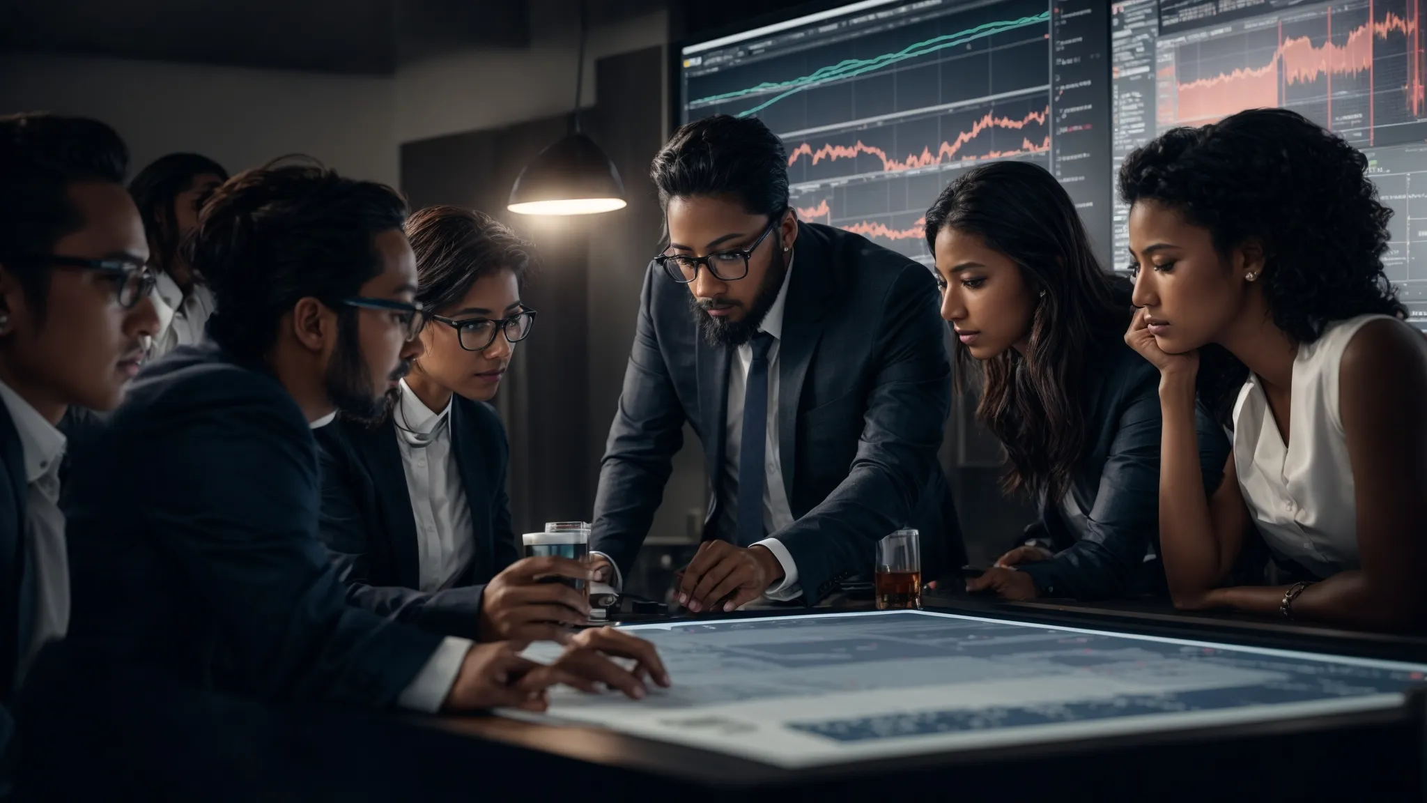 a group of diverse professionals intently analyzes a large graph on a monitor, revealing marketing expenses and roi statistics.