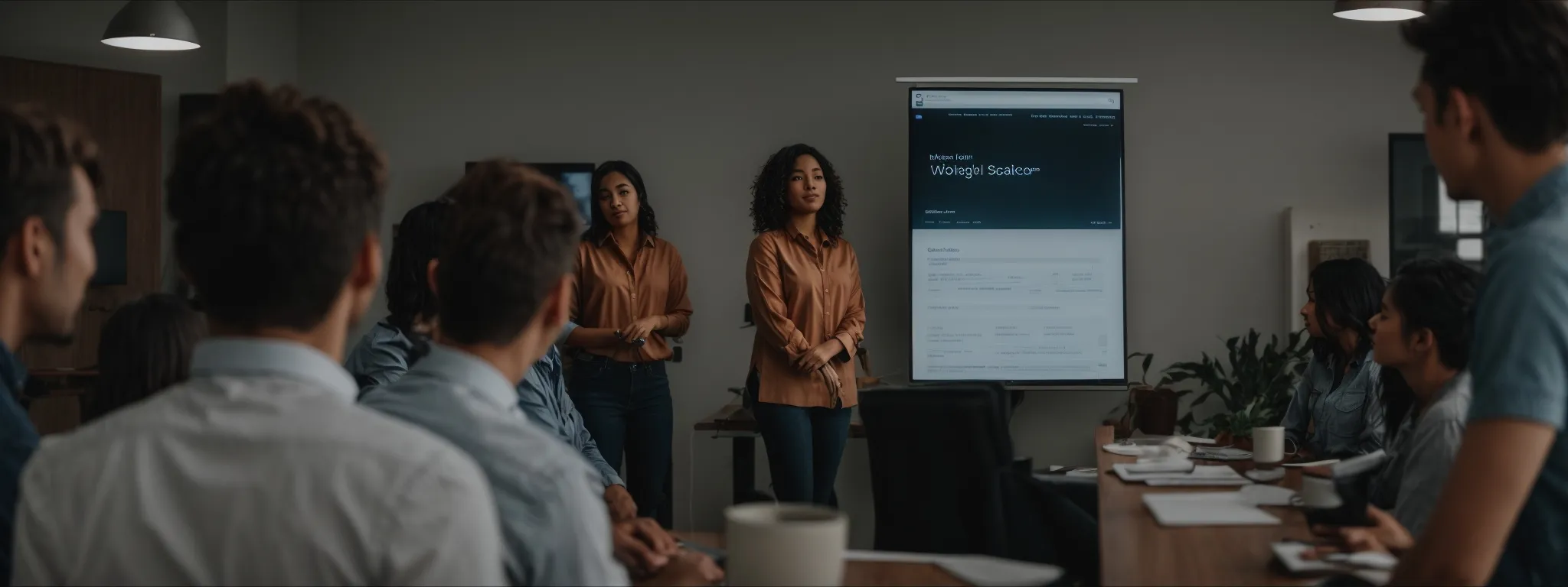 a group of small business owners engaged in an seo workshop with a visible search engine results page on a projector screen.