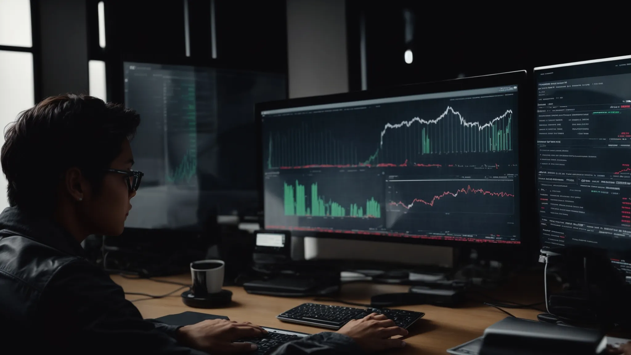 a person analyzing website performance statistics on a computer screen with graphs and charts displayed.