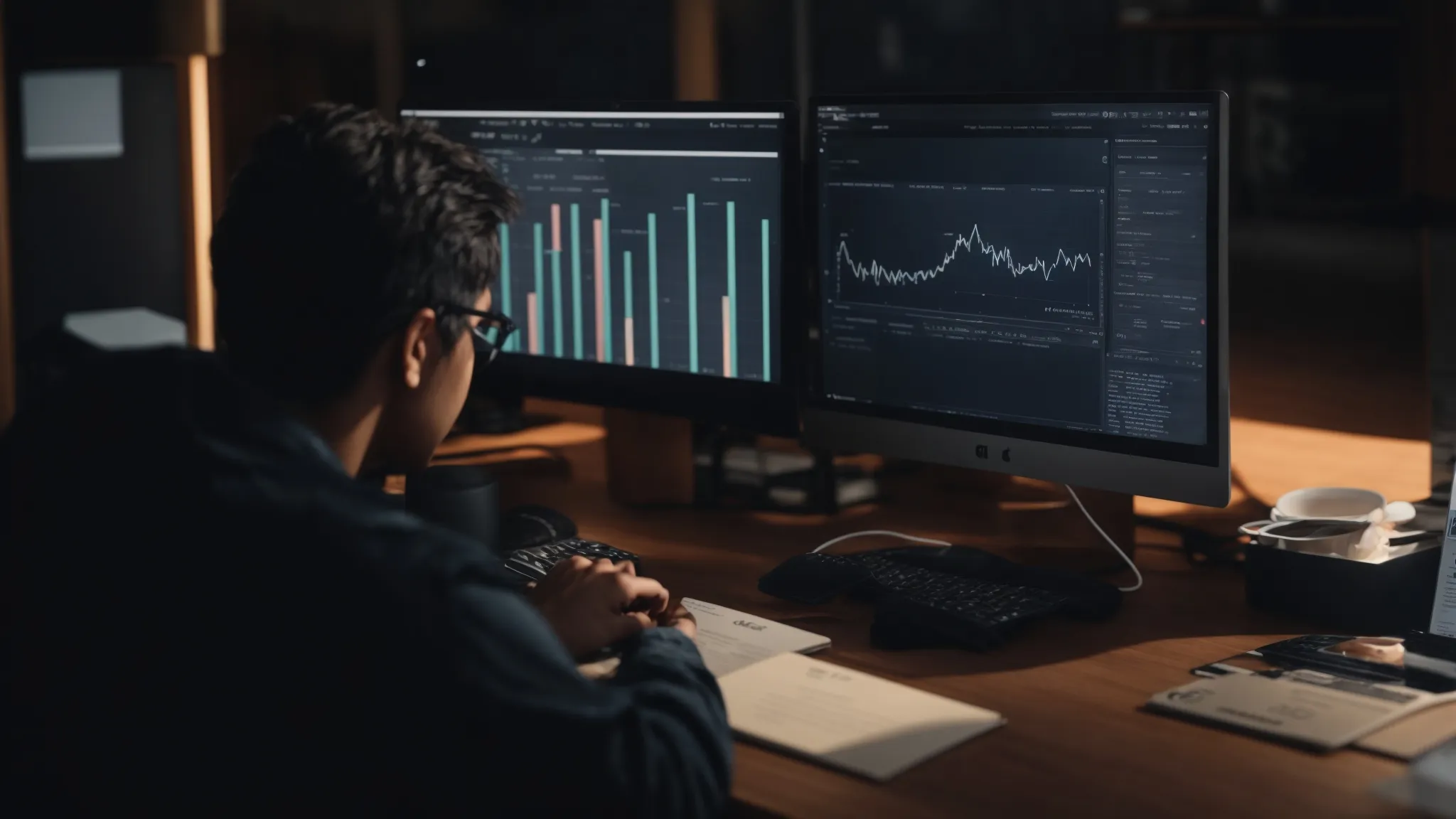 a person browsing on a computer with graphs and seo icons on the screen.