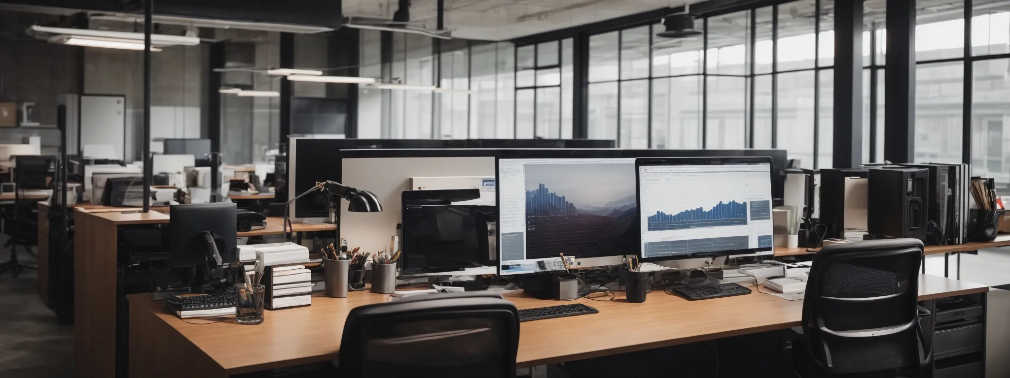 a clean, well-organized office space with a desktop displaying a graph of website traffic growth.