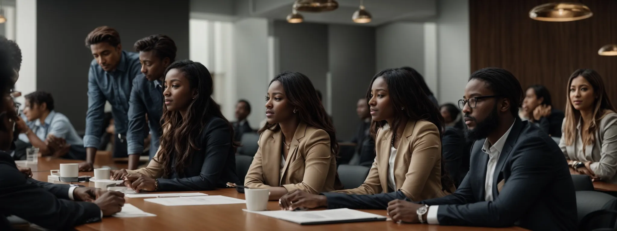 a group of diverse professionals engaged in animated discussion around a modern conference table, resonating with the synergy of innovative ideas in digital marketing.