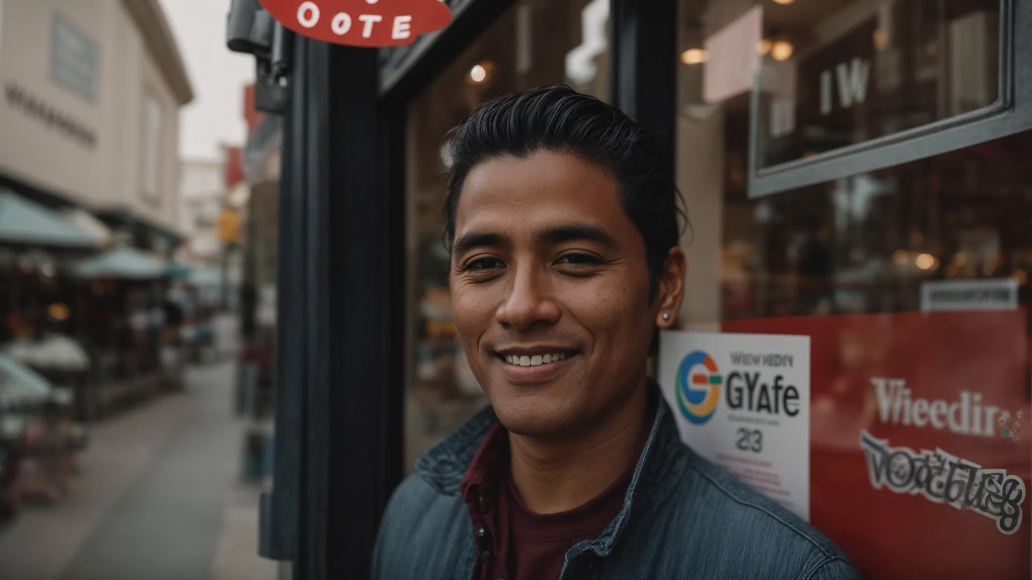 a local cafe owner proudly displaying a "we're featured on google" sticker on the front door of the shop.
