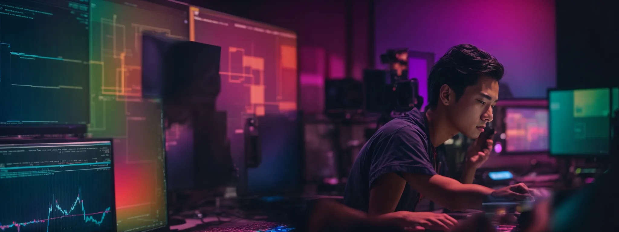 a focused individual analyzes a colorful heatmap on a large computer monitor, strategizing content placement on a website layout.