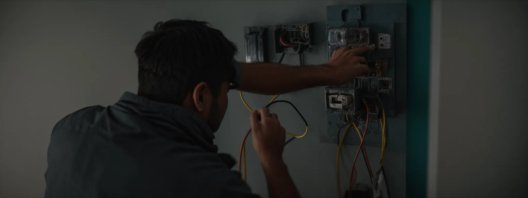 an electrician is fixing a socket on a wall in a brightly lit room.