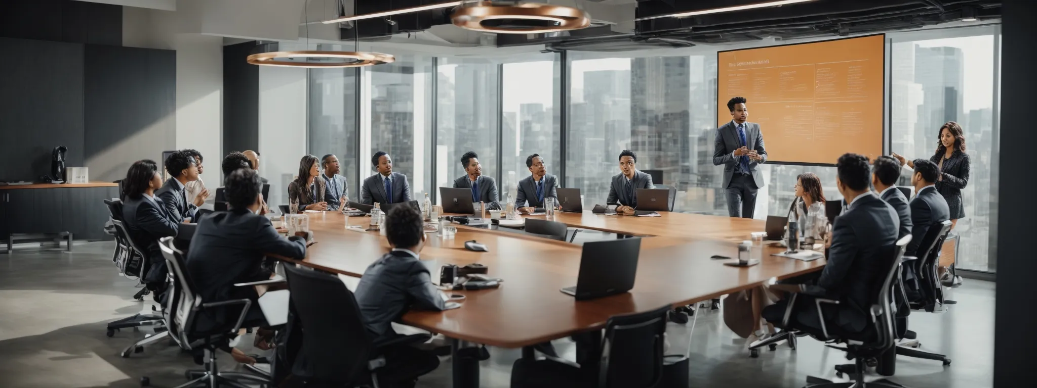 a diverse group of professionals collaborates around a modern conference table, engaged in animated discussion over a large infographic display.